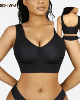 Women Fitted V-Neck Seamless Bra Tank Top Built-in thin Bra Cup Hide Back Fat Full Back Coverage Underwire Steel Bones Bra