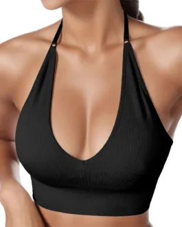 Halterneck Sports Bra Women’s Backless Deep V Neck Sports Bustier Padded Sexy Gym Push Up Bra One Strap Sports Bras For Women