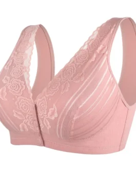 Women’s 18 Hour Front Close Wirefree Bras Back Support Posture Full Coverage Bra Flower Embroidery Soft Wireless Cotton Bra