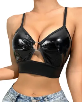 Women Sexy Glossy Leather Bra For Sex Hot Porn Sexy Lingerie Metal Ring Hollow Latex Push Up Bralette Tops Bra Women Clubwear