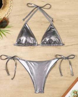 Women Bikini Sets Metallic Shiny String Push Up Padded Bra Thong 2 Pieces Swimsuit Set G-String T Back Thong Triangle Panty