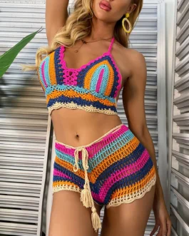 Ladies Summer Sexy Bikinis Set Beach Vacation Colorful Hand Crochet Knitted Bikini Set Push Up V Neck Bra With Padded Swimsuit