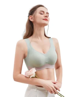 Elegant Seamless Latex Gathering Bra For Women Ice Silk Color Contrast Soft Breathable Underwear Anti-Slip Smooth Daily Bra