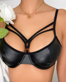 Sexy Black Women Bra PU Leather Underwear Hollow Lingerie Solid Panties Bras For Women Underwired Underwear Brassiere Clubwear