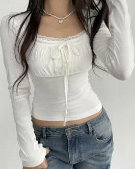 Women s Spring Autumn Fashion Tops White Long Sleeve Lace Trim Ruched Tie Up T-shirt