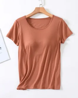 Women’s One-Piece T-Shirt With Built In Bra Short-sleeved Slim Fit Soft Breathable Casual All-Matching Tops