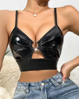 Women Sexy Glossy Leather Bra For Sex Hot Porn Sexy Lingerie Metal Ring Hollow Latex Push Up Bralette Tops Bra Women Clubwear