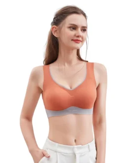 Elegant Seamless Latex Gathering Bra For Women Ice Silk Color Contrast Soft Breathable Underwear Anti-Slip Smooth Daily Bra